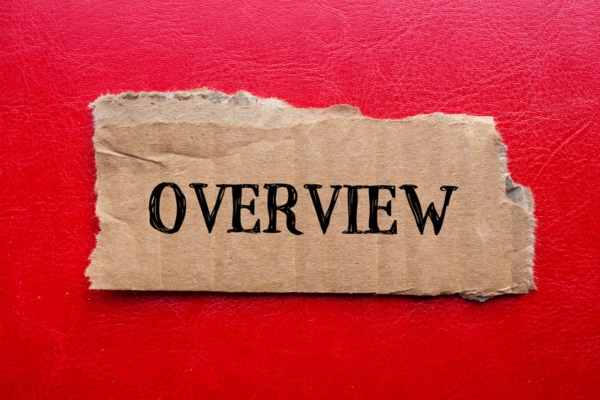 Overview word written on ripped cardboard paper