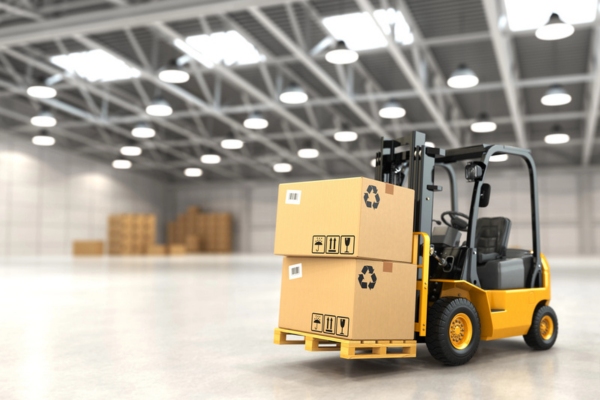 forklift hauling boxes