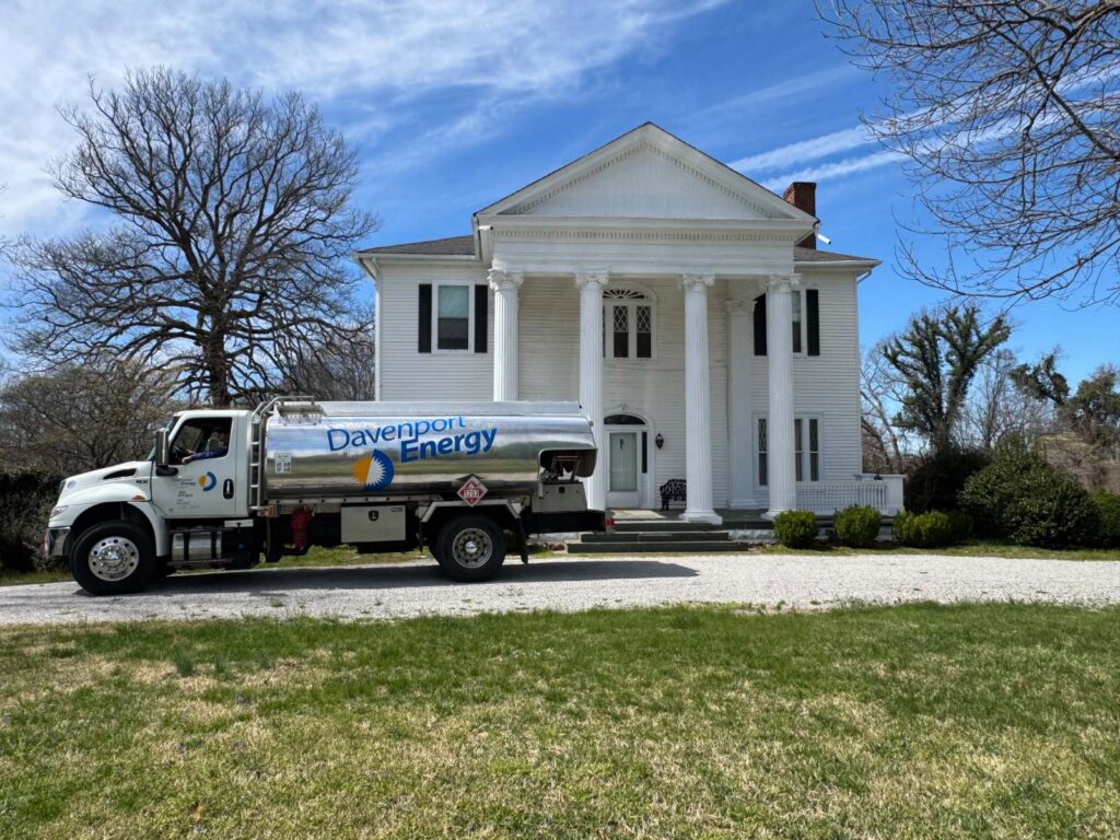 Davenport Energy heating oil delivery truck parked in front of a Virginia home