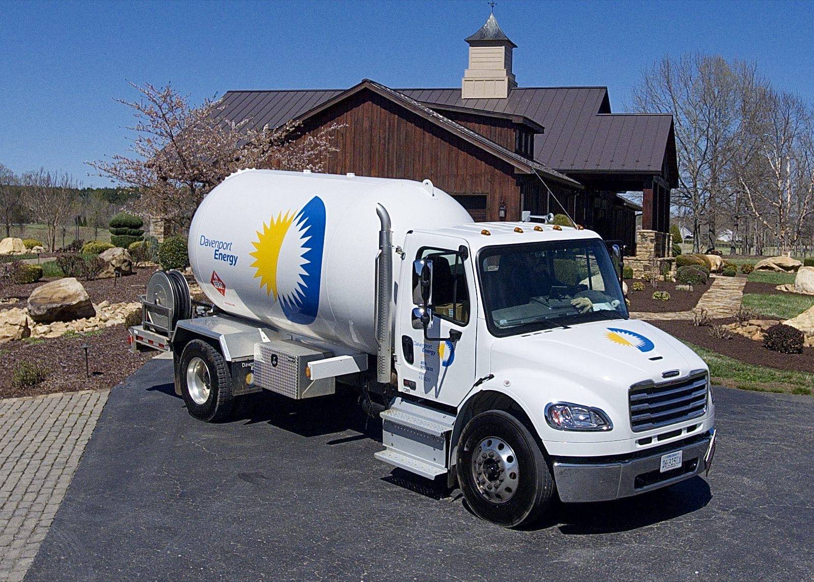 A clean Davenport Energy propane delivery bobtail parked on a driveway in rural Virginia